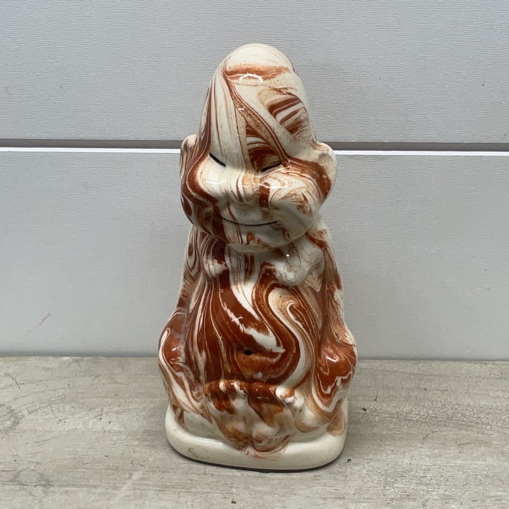 Vintage Made in Alaska Ceramic Billiken Figurine Brown Cream Marbled Glaze 6.5"